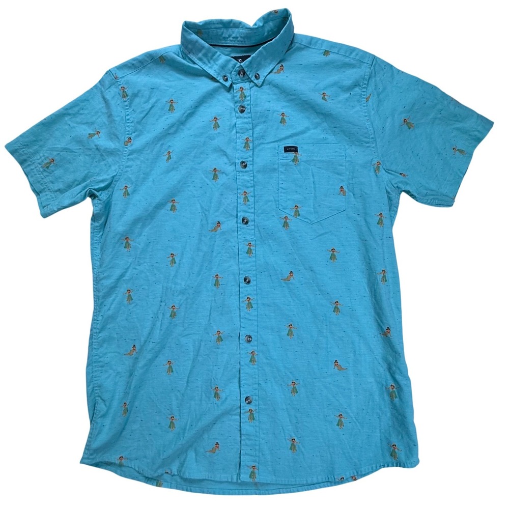 Rip Curl Mens Hula Girl Mermaid Print Shirt Blue Short Sleeve Button Down L
